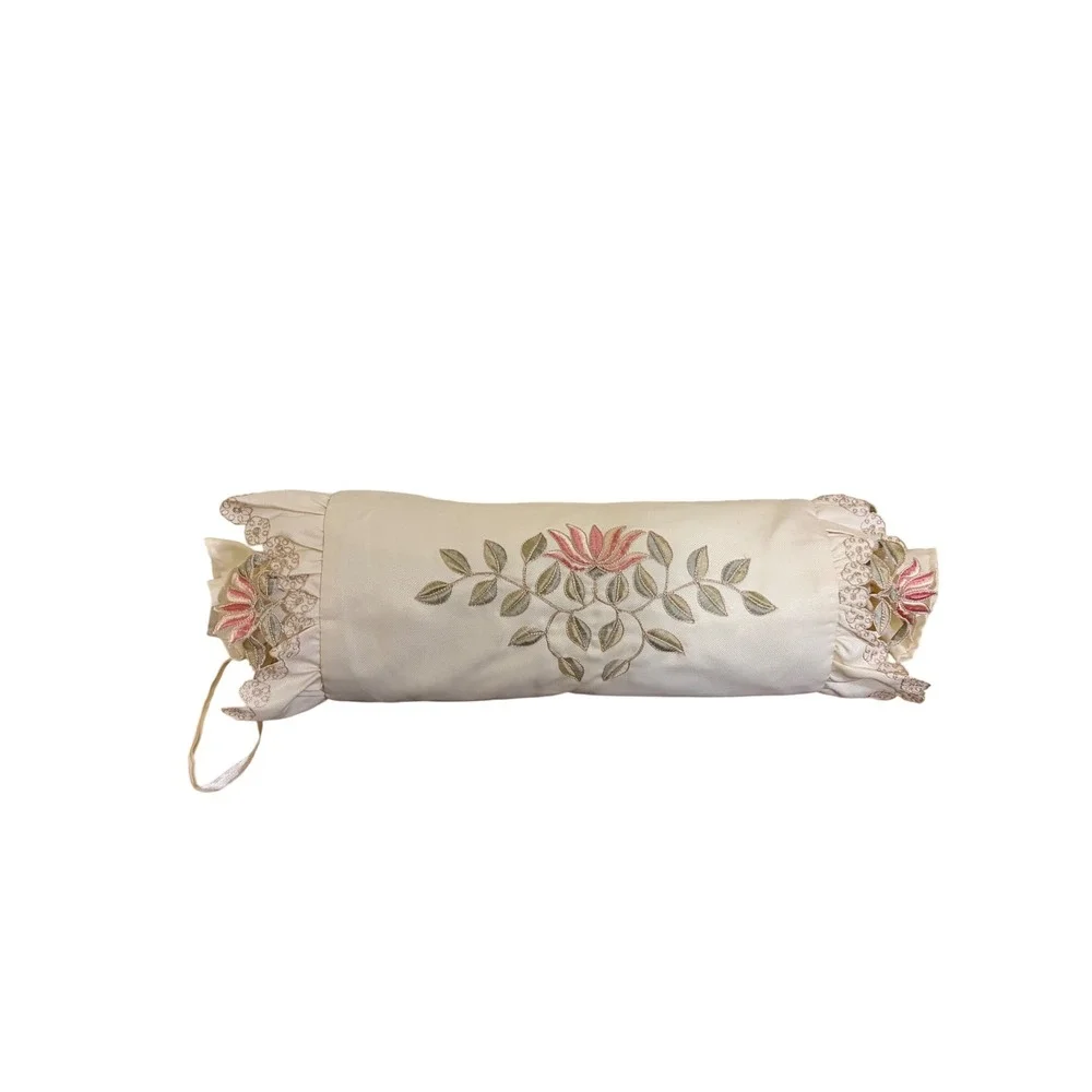 Cream Embroidered Lotus Bolster Pillow Ruffle Lace Trim Cylindrical 22in cottage